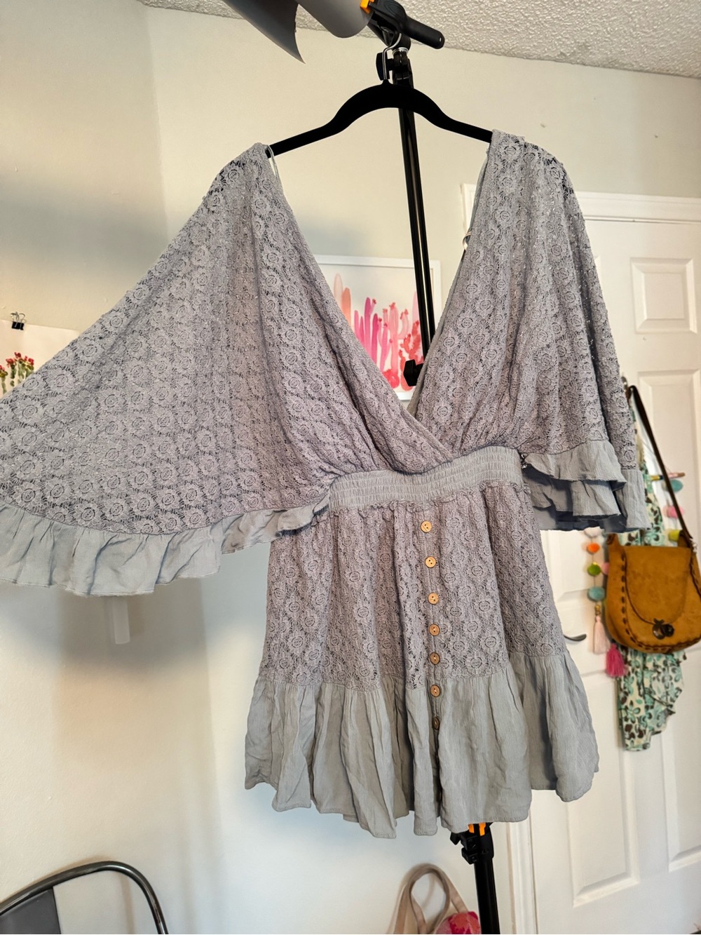 Free People Light Gray Lace Button-Front Peplum Tunic